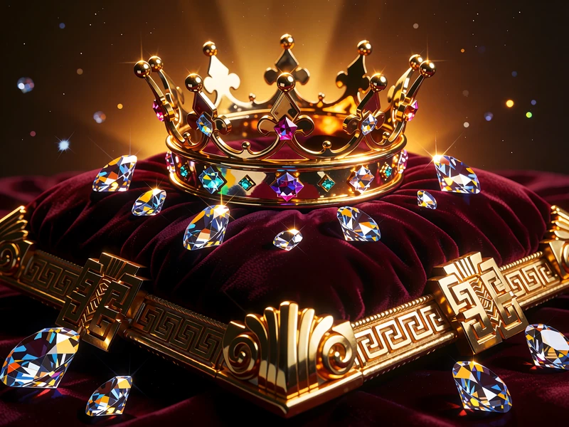 Kr&oacute;lewska złota korona z klejnotami na aksamitnej poduszce wśr&oacute;d diament&oacute;w - slot z motywem kr&oacute;lewskim