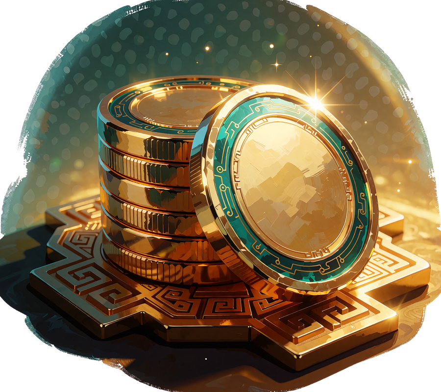 Stos złotych token&oacute;w z turkusowymi obrzeżami - symbol oferty Crypto Welcome 200% do 3000 USDT