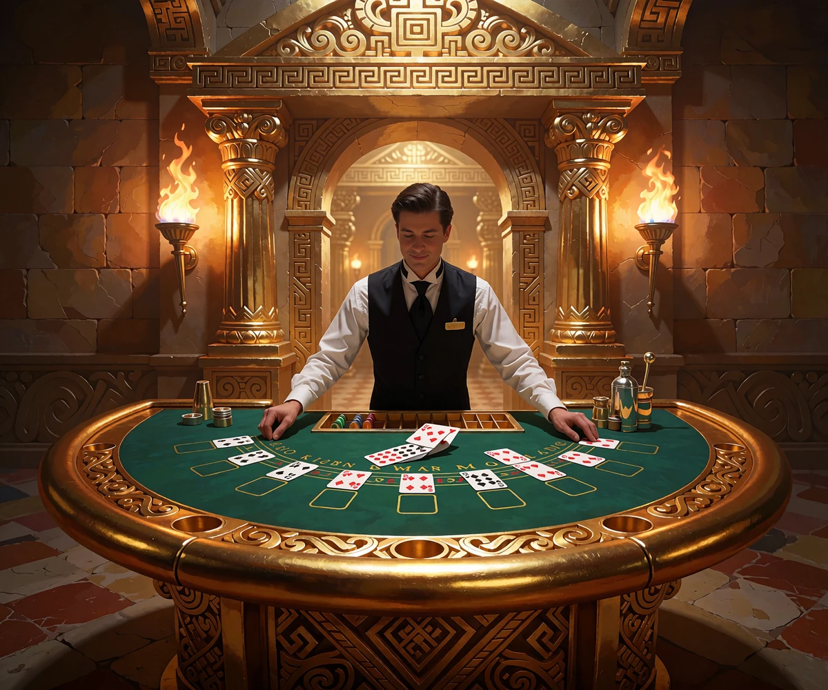 Krupier rozdający karty przy stole blackjacka w złotej sali - blackjack live w katalogu gier
