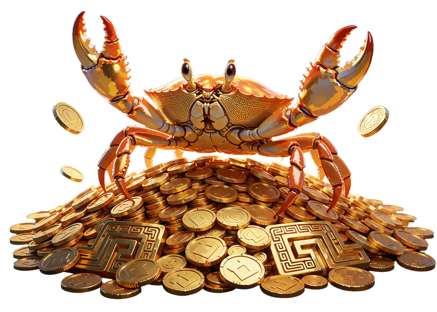 Złoty krab Bonus Crab na stosie monet - maskotka autorskiej mechaniki z pakietu powitalnego Millioner Casino